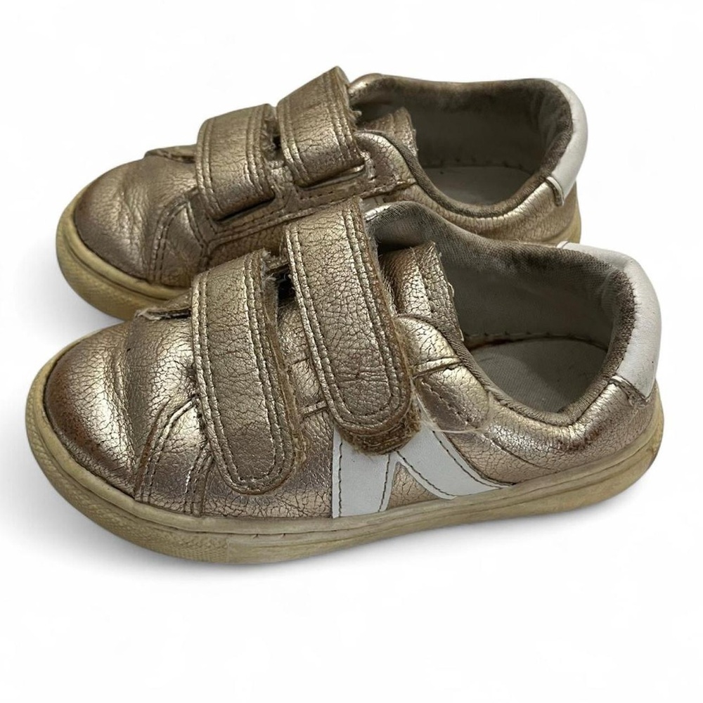 Toddler Girl Double Velcro Strap Shiny Gold Slip On Sneakers 7C Girls Play Shoes